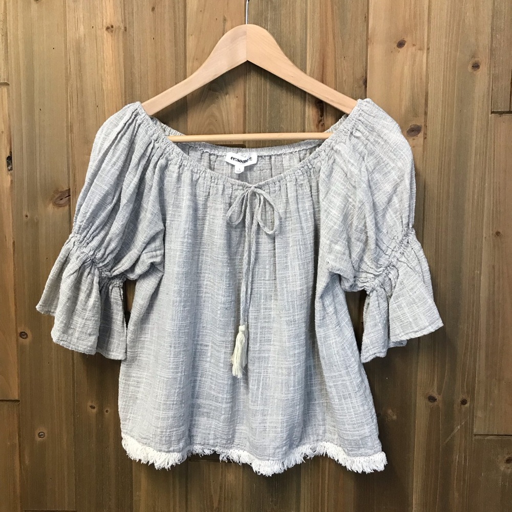 ee:some Womens Sz Large Light Taupe Off-Shoulder Blouse with Tassel Tie / Fringe - Picture 2 of 10